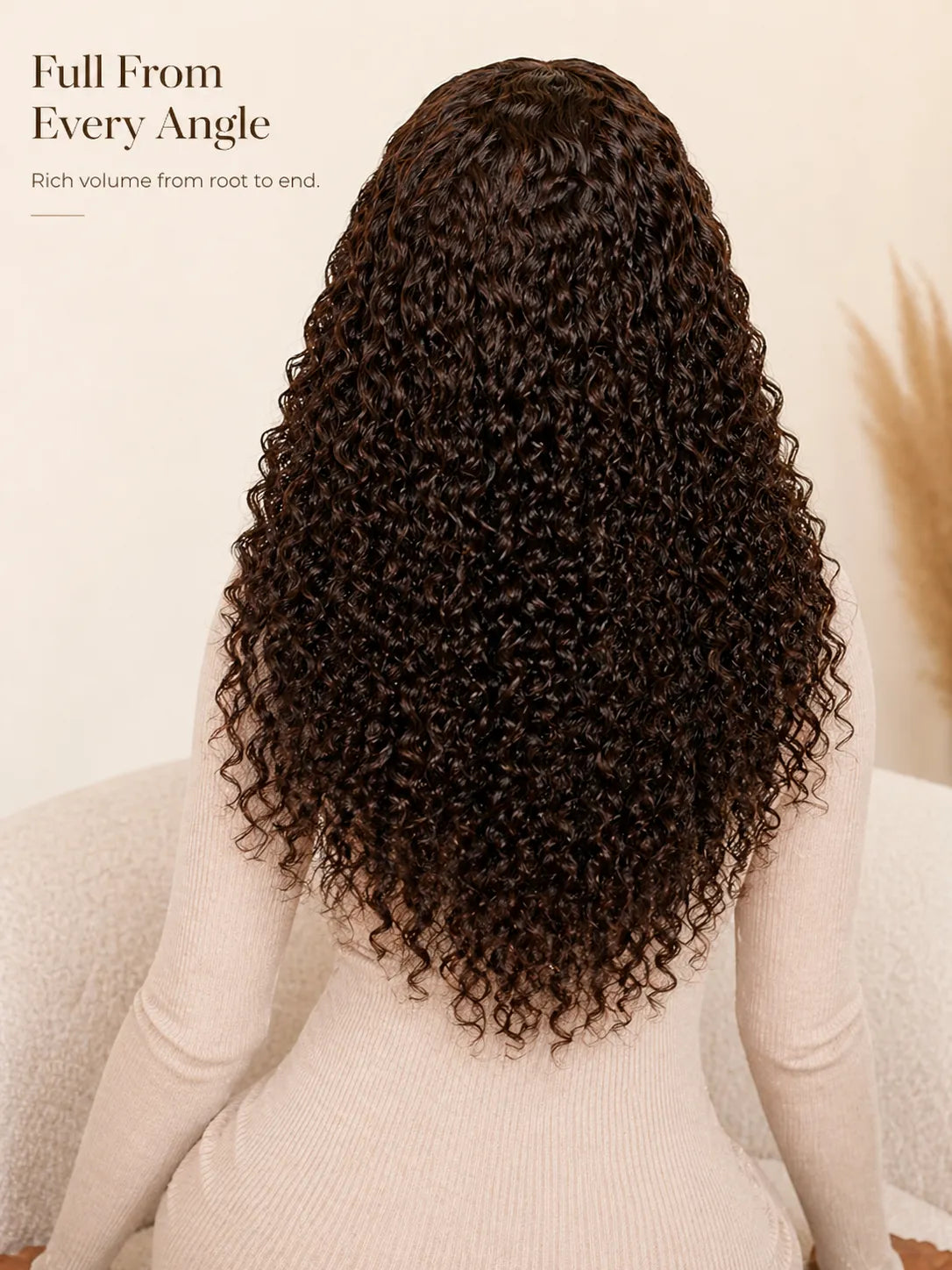 Back view of curly human hair wig with natural volume with soft texture and natural finish