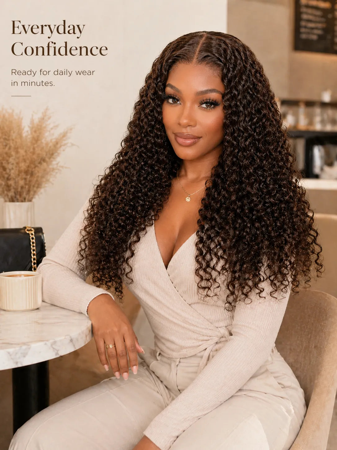Lifestyle view of model wearing curly glueless human hair wig with soft texture and natural finish