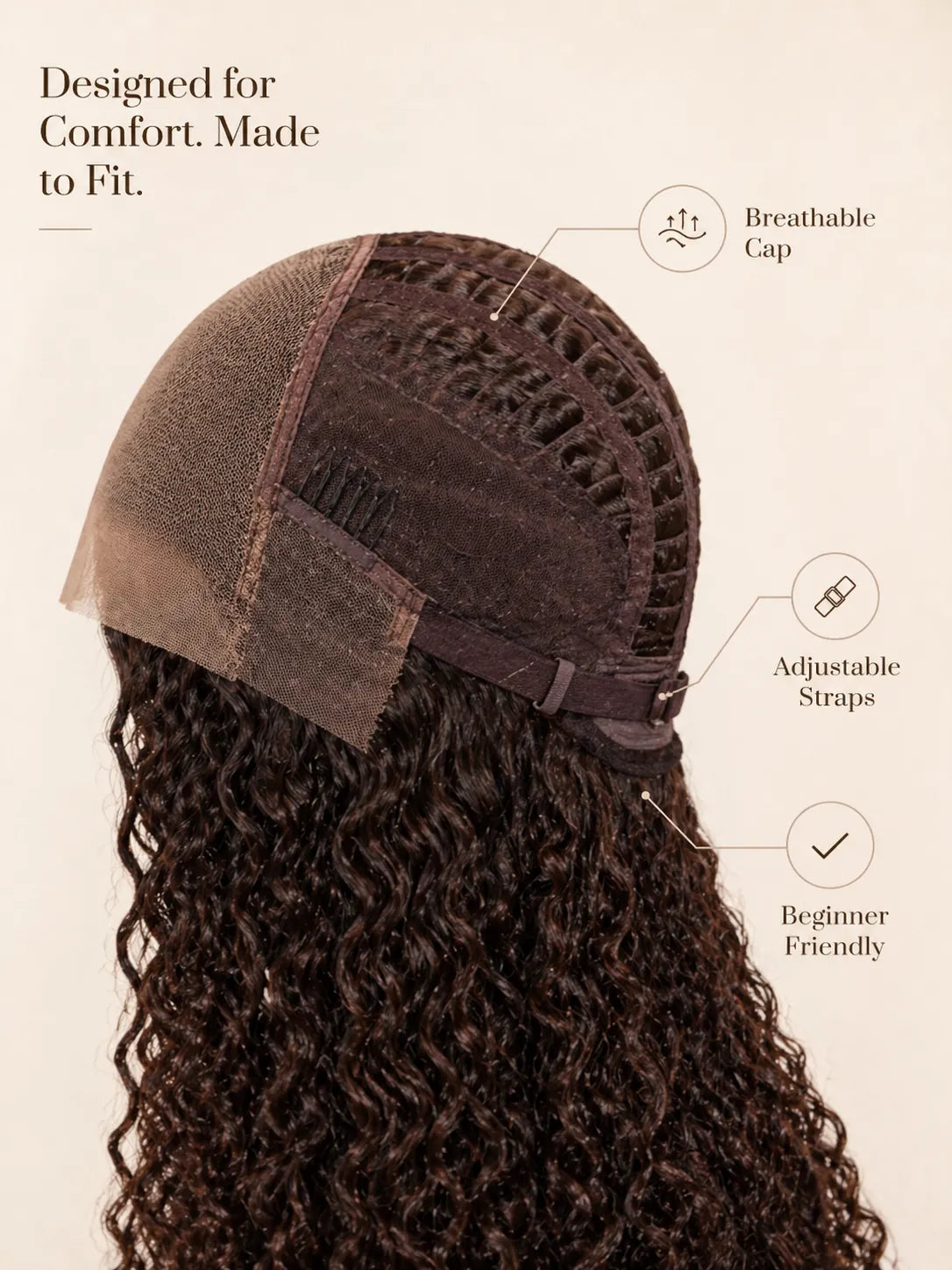 Product detail view of curly human hair wig with soft texture and natural finish