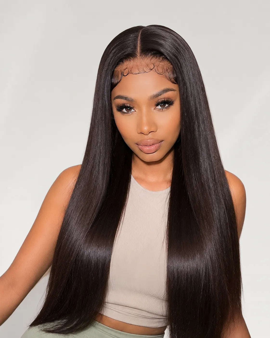 Front view of brown straight lace front human hair wig on model with soft texture and natural finish