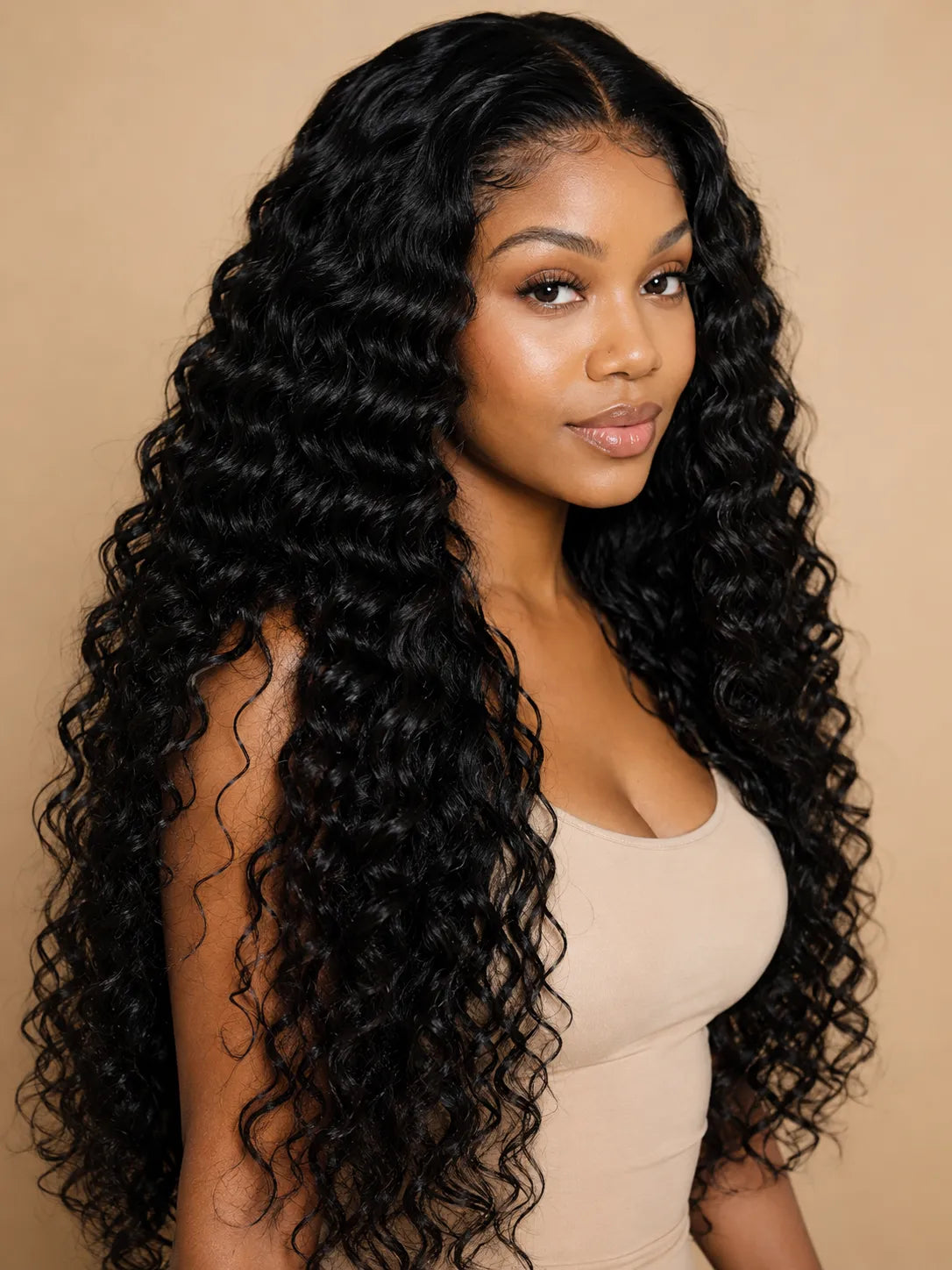 Side view of deep wave lace wig showing natural hairline with soft texture and natural finish