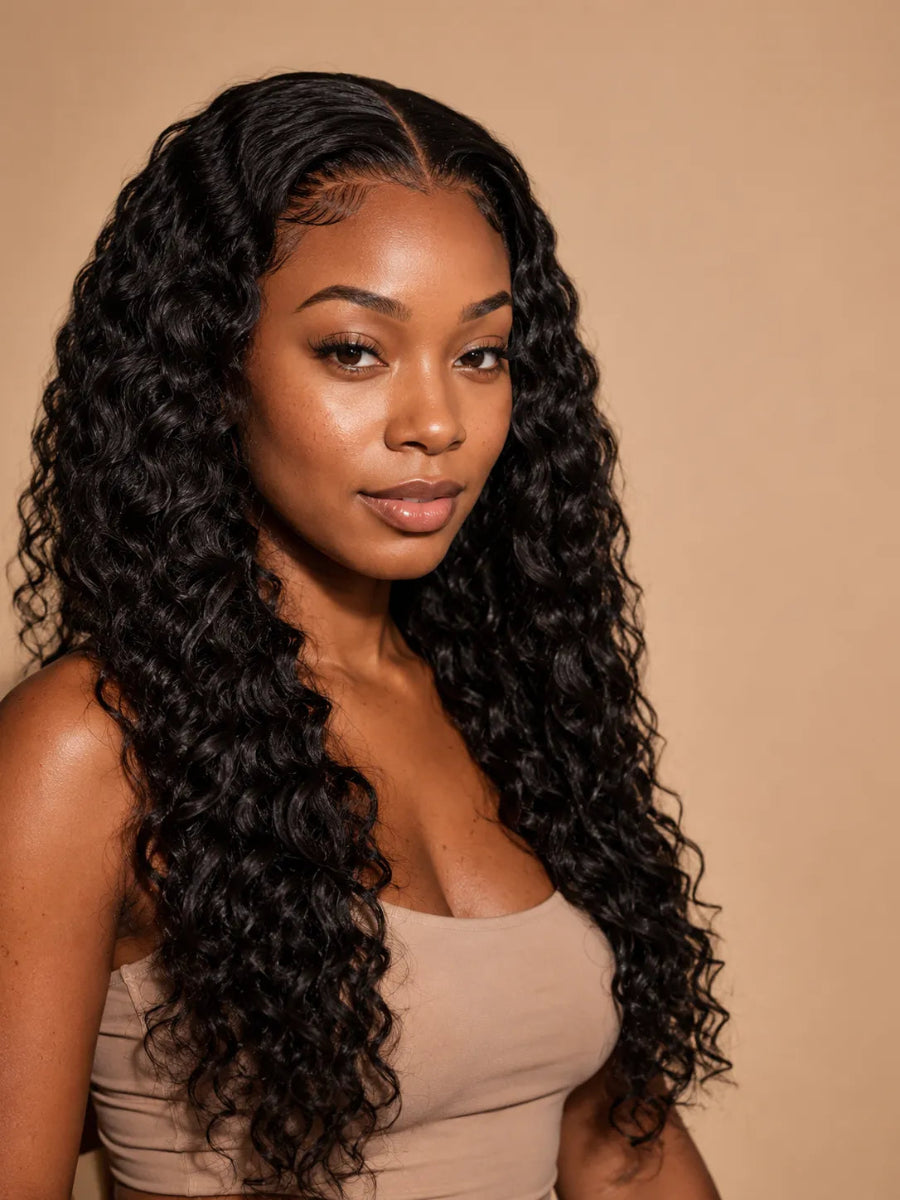 Side view of deep wave lace wig showing natural hairline with soft texture and natural finish