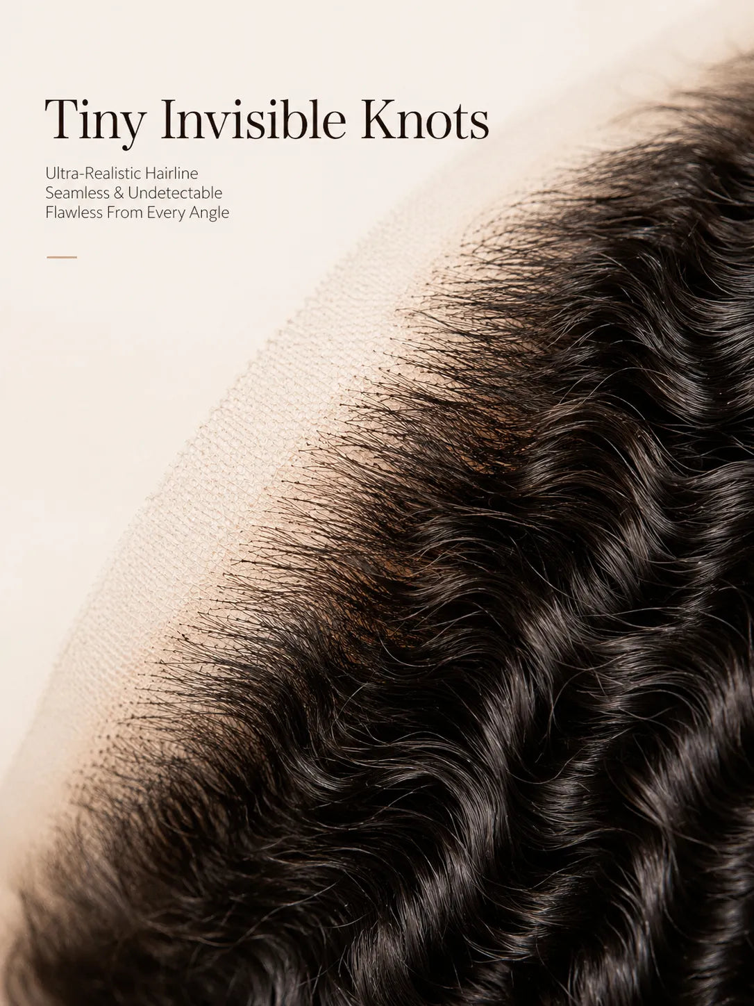 Close-up of hair with text 'Tiny Invisible Knots' and product features.