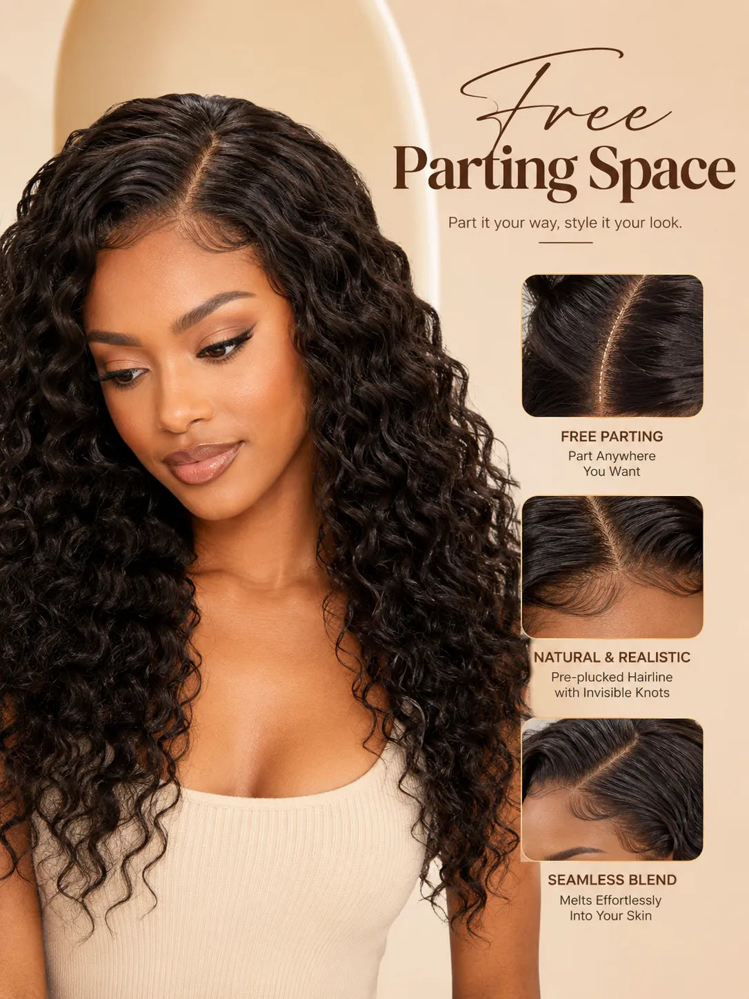 Close-up view of deep wave human hair wig texture and lace detail with soft texture and natural finish