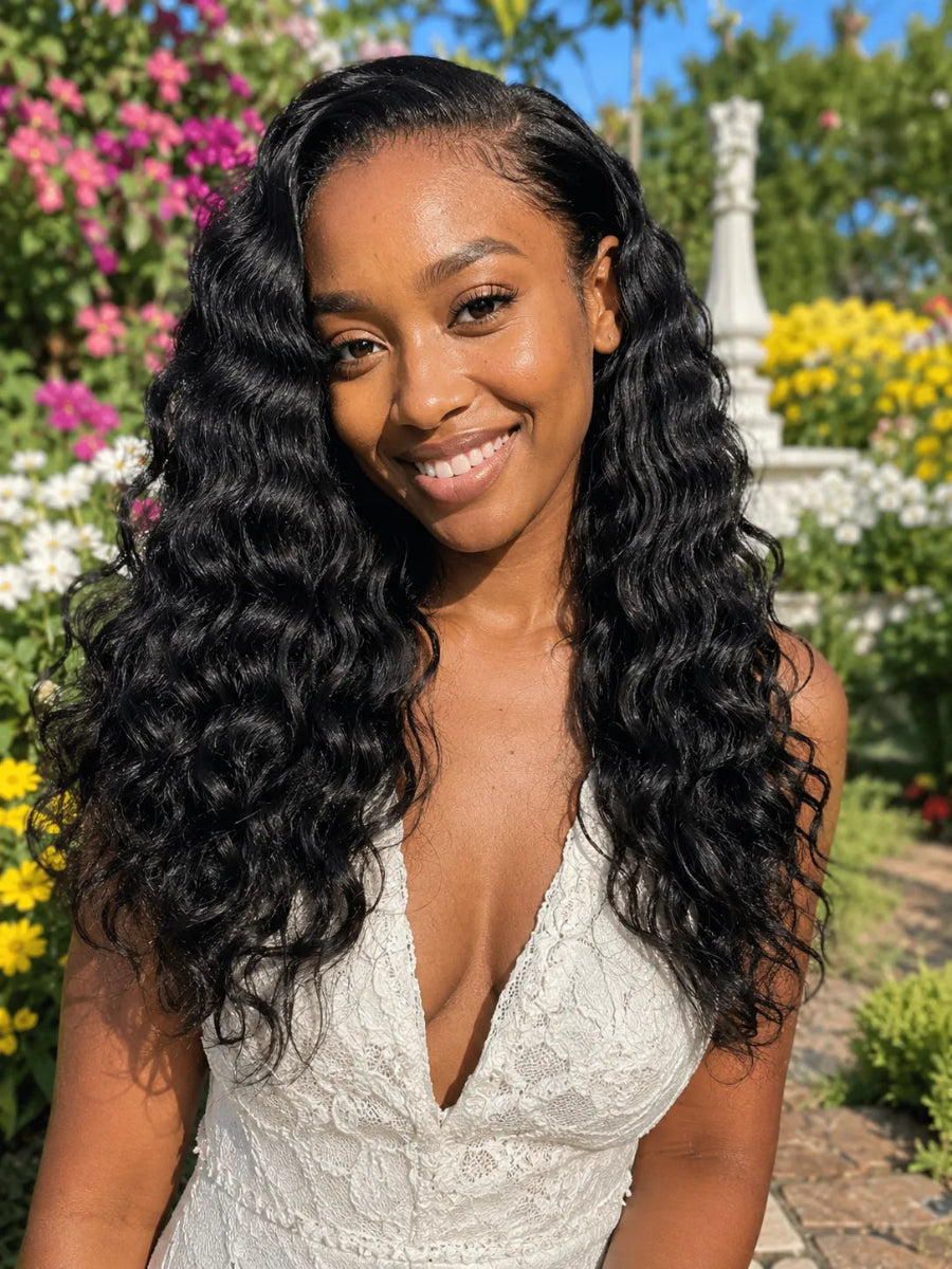 Front view of deep wave human hair wig on model with soft texture and natural finish