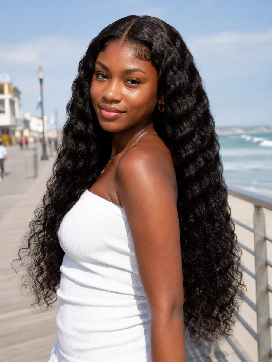 Front view of deep wave human hair wig on model with soft texture and natural finish