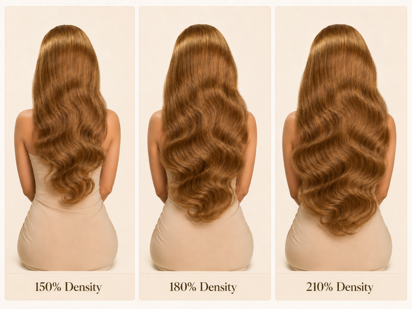 Three images showing different hair density levels with a person from behind.