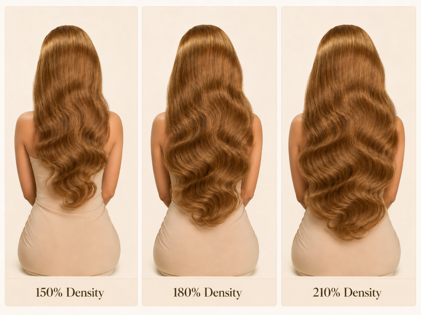 Three images showing different hair density levels with a person from behind.