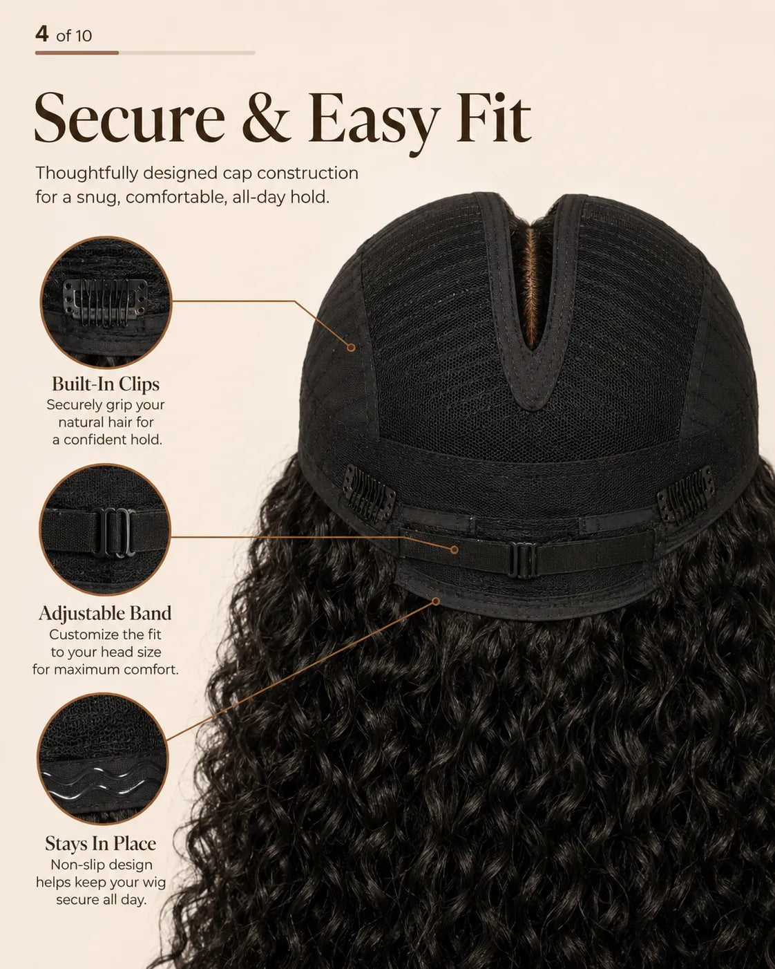 Back view of straight human hair wig with natural volume with soft texture and natural finish