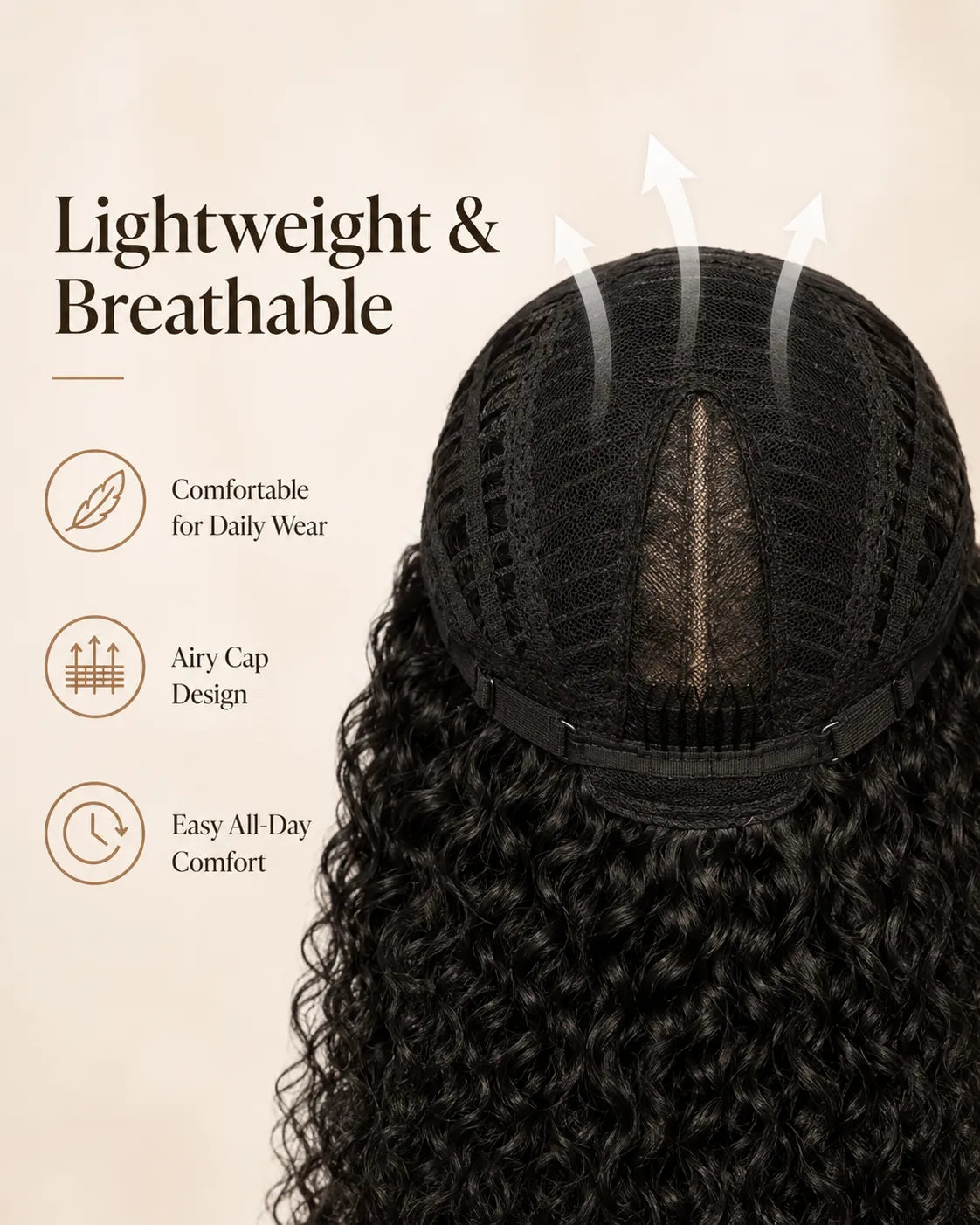 Detail view of realistic lace parting and natural hairline with soft texture and natural finish