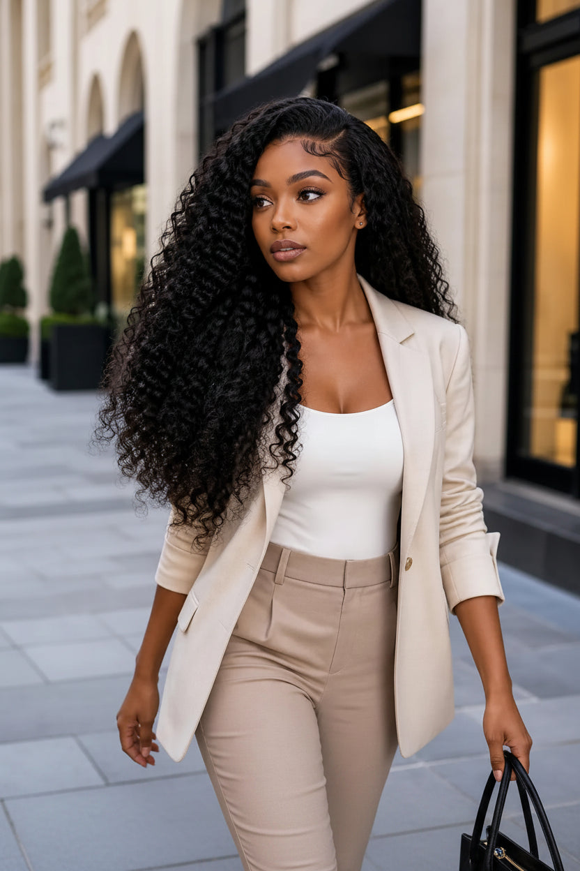 Product detail view of kinky curly human hair wig with soft texture and natural finish