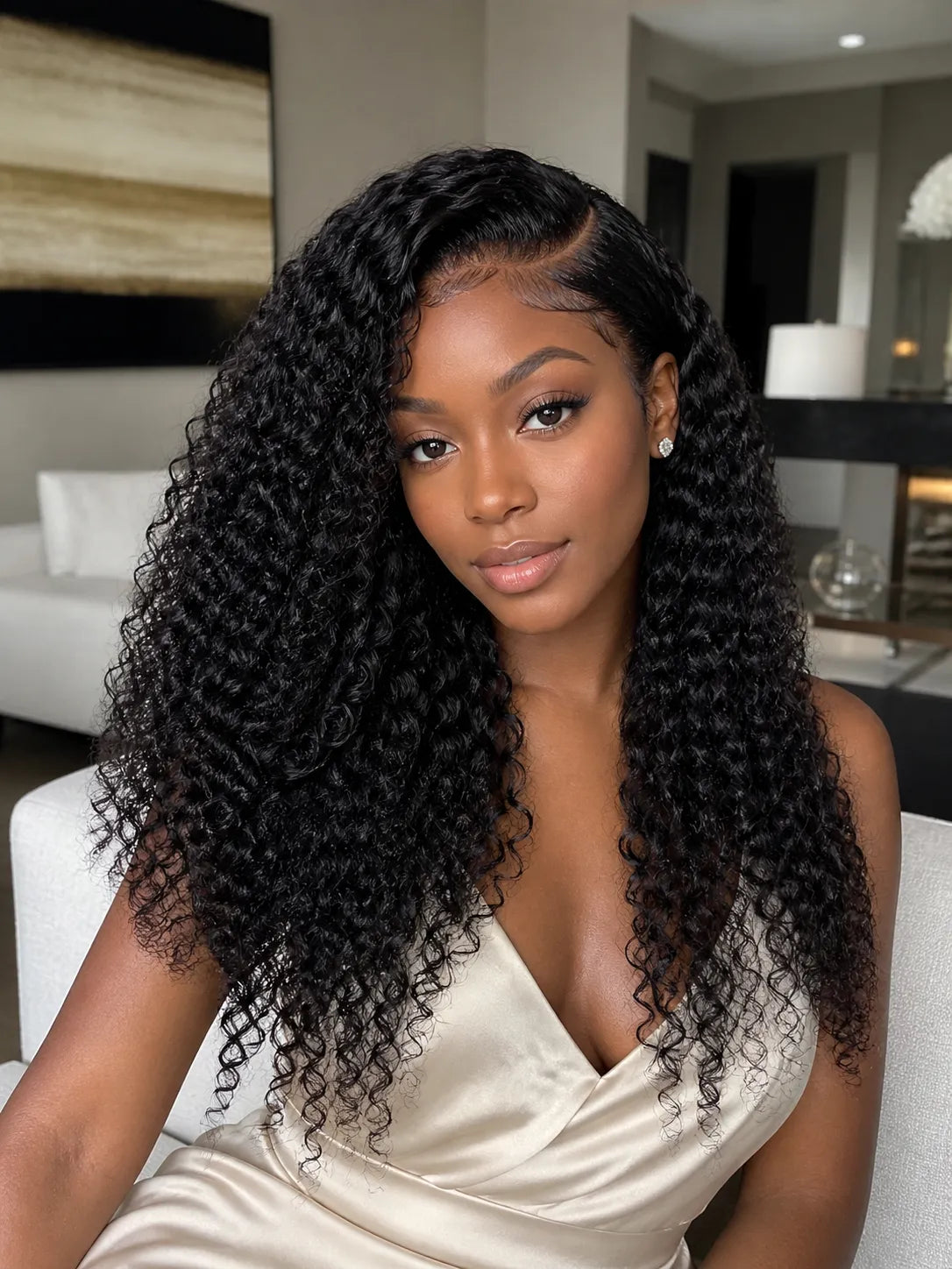 Side view of kinky curly lace wig showing natural hairline with soft texture and natural finish