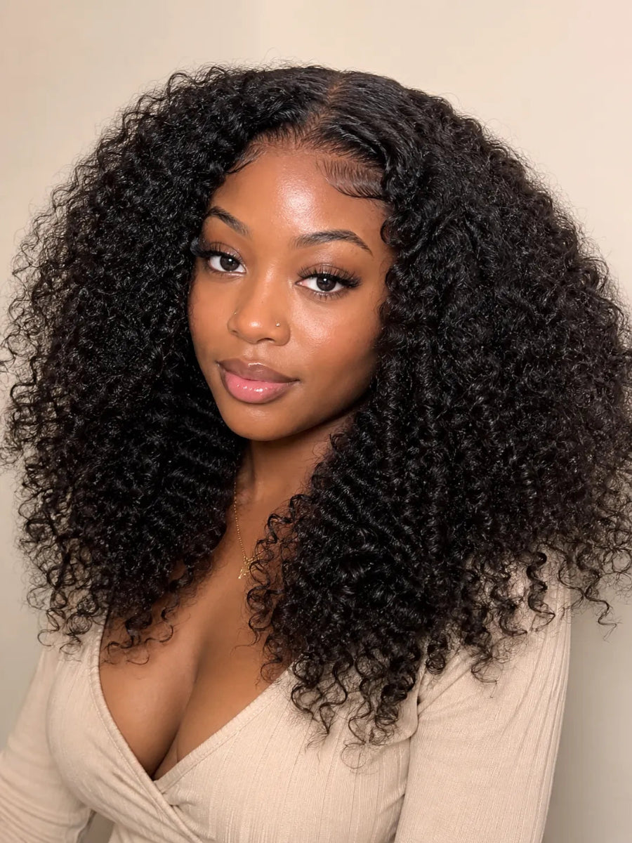 Product detail view of kinky curly human hair wig with soft texture and natural finish