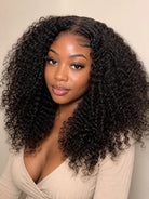 Back view of kinky curly human hair wig with natural volume with soft texture and natural finish