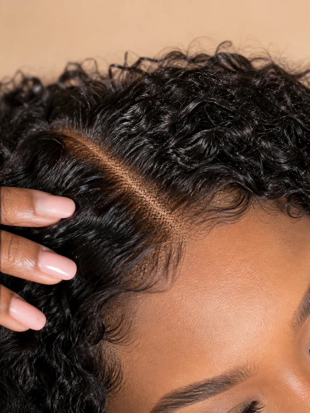 Detail view of lace front lace and natural hairline with soft texture and natural finish