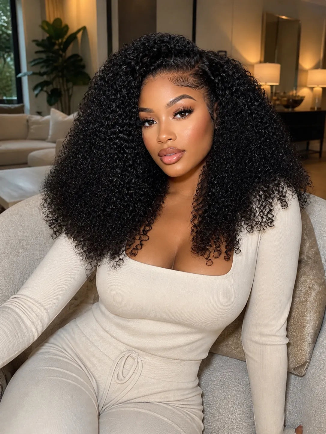 Product detail view of kinky curly human hair wig with soft texture and natural finish