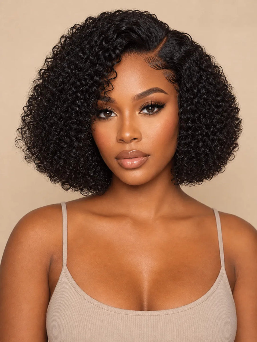 Front view of kinky curly lace front human hair wig on model with soft texture and natural finish