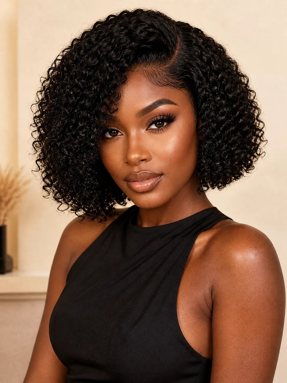 Side view of kinky curly lace wig showing natural hairline with soft texture and natural finish