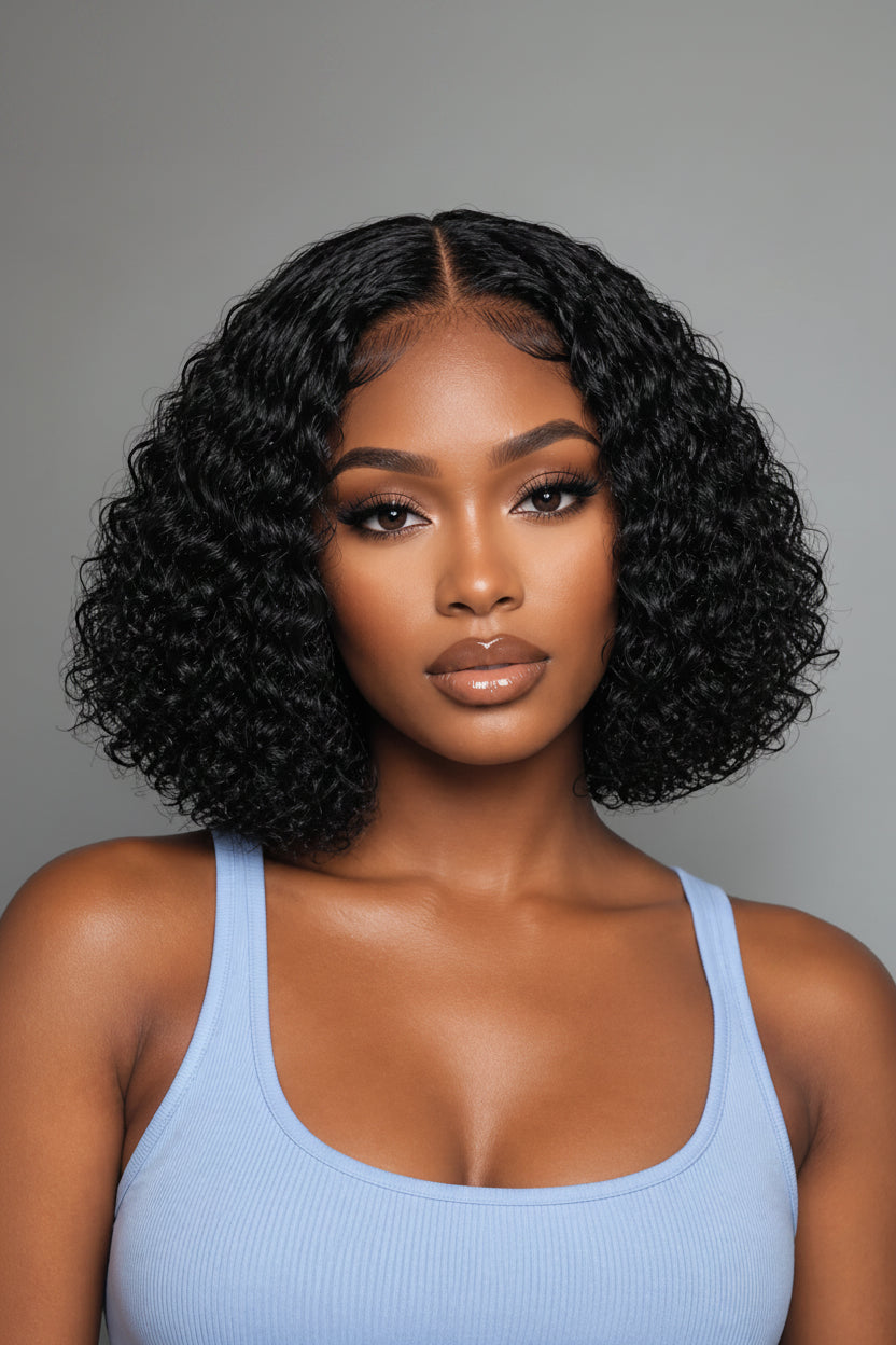 Woman with styled hair wearing a light blue tank top against a gray background