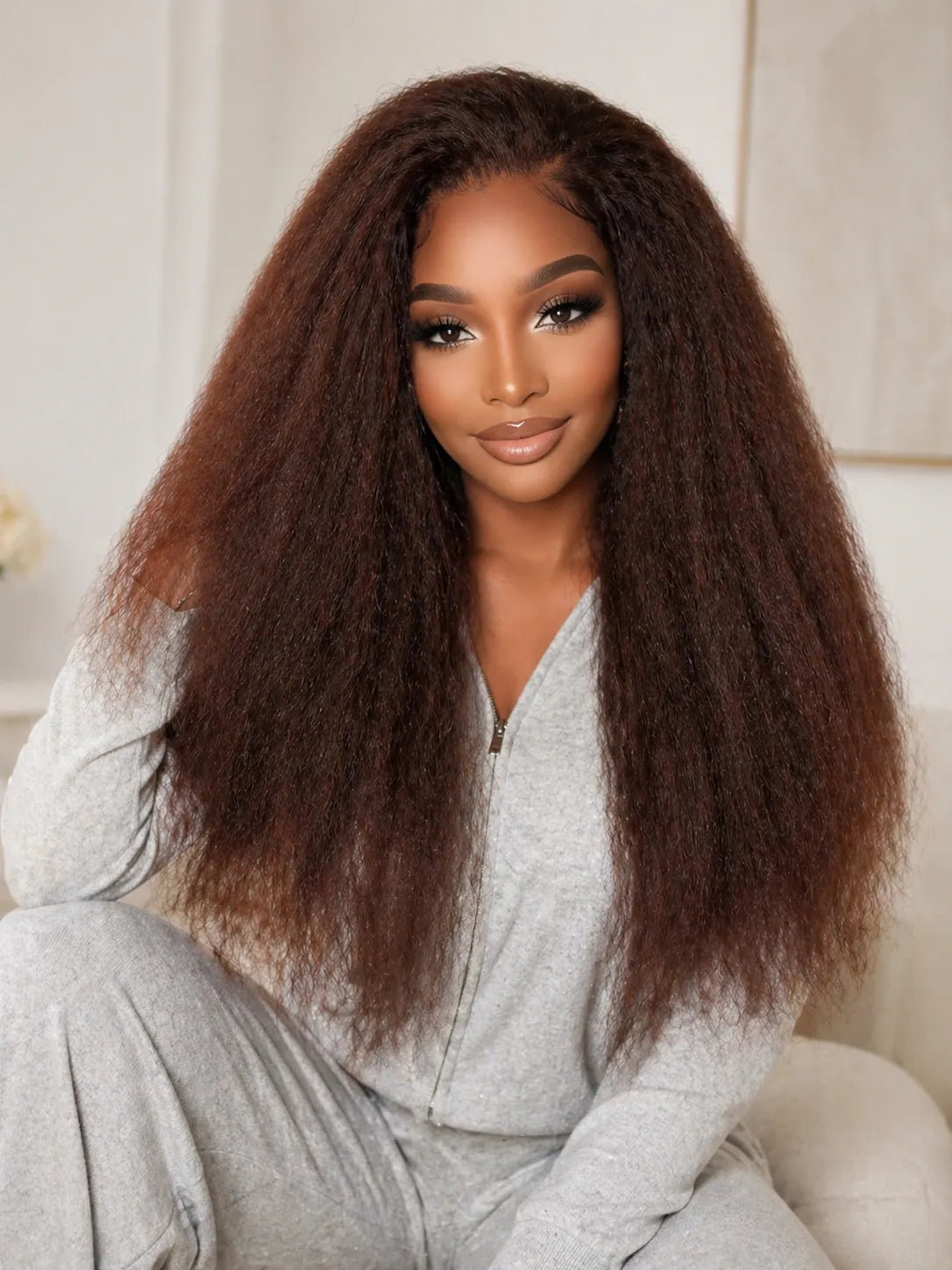 Close-up view of kinky straight hair texture with soft natural finish with soft texture and natural finish