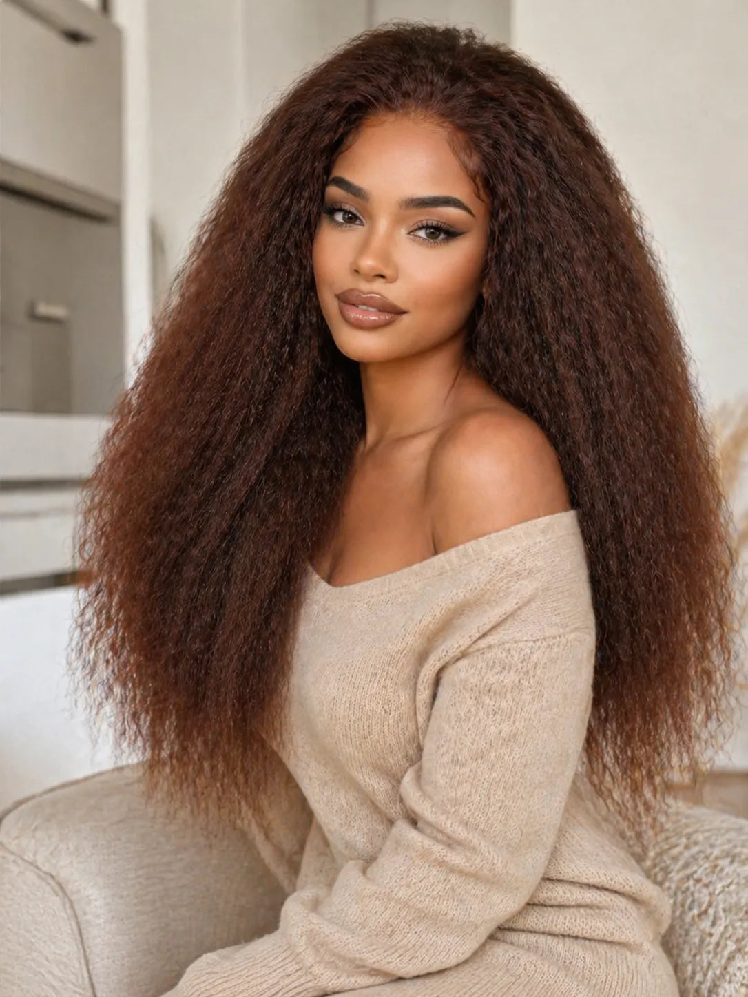 Detail view of glueless wig cap and lace construction with soft texture and natural finish