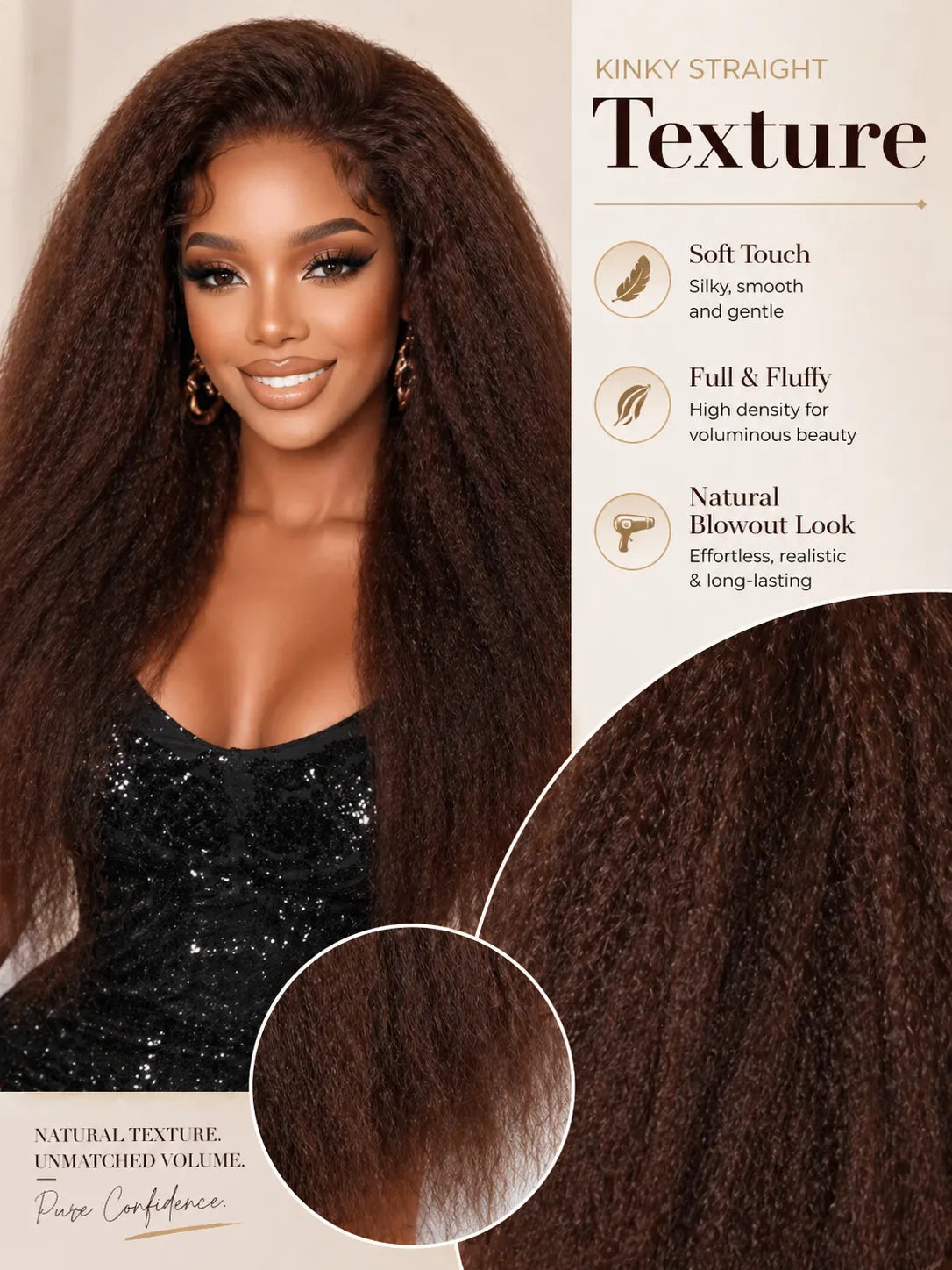 Lifestyle view of model wearing brown kinky straight glueless human hair wig