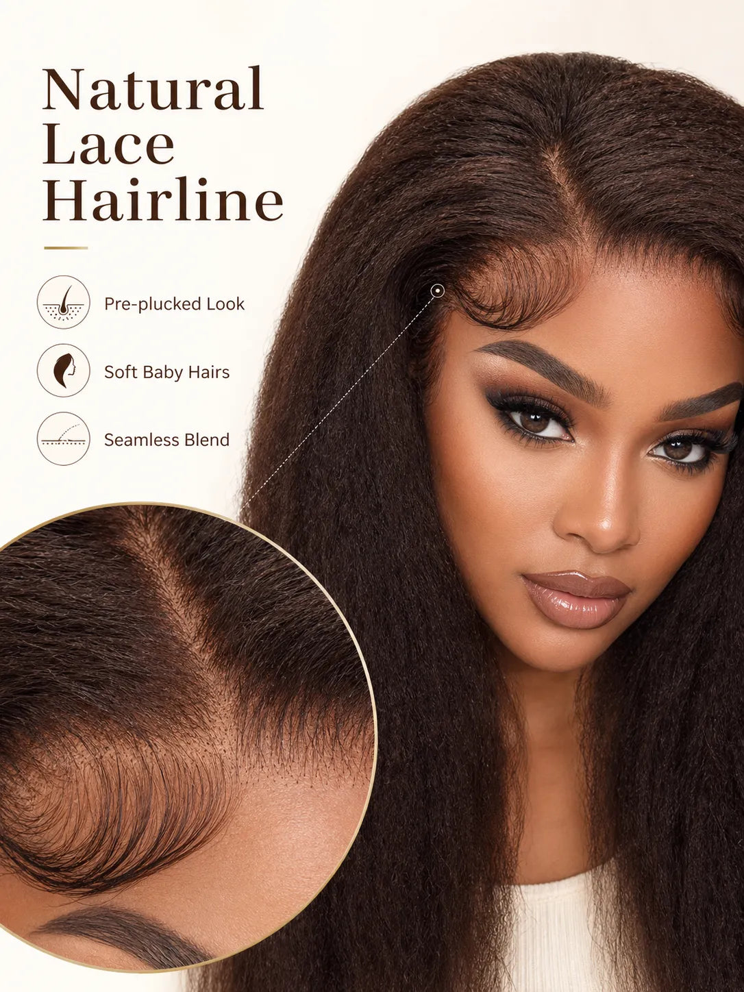 Close-up view of brown kinky straight human hair wig texture and lace detail
