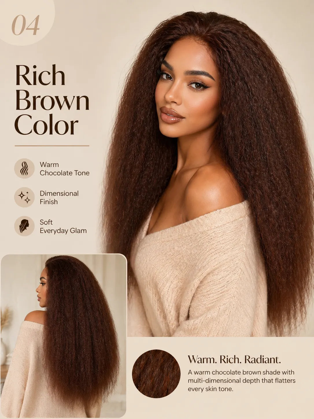 Product detail view of brown kinky straight human hair wig with soft texture and natural finish