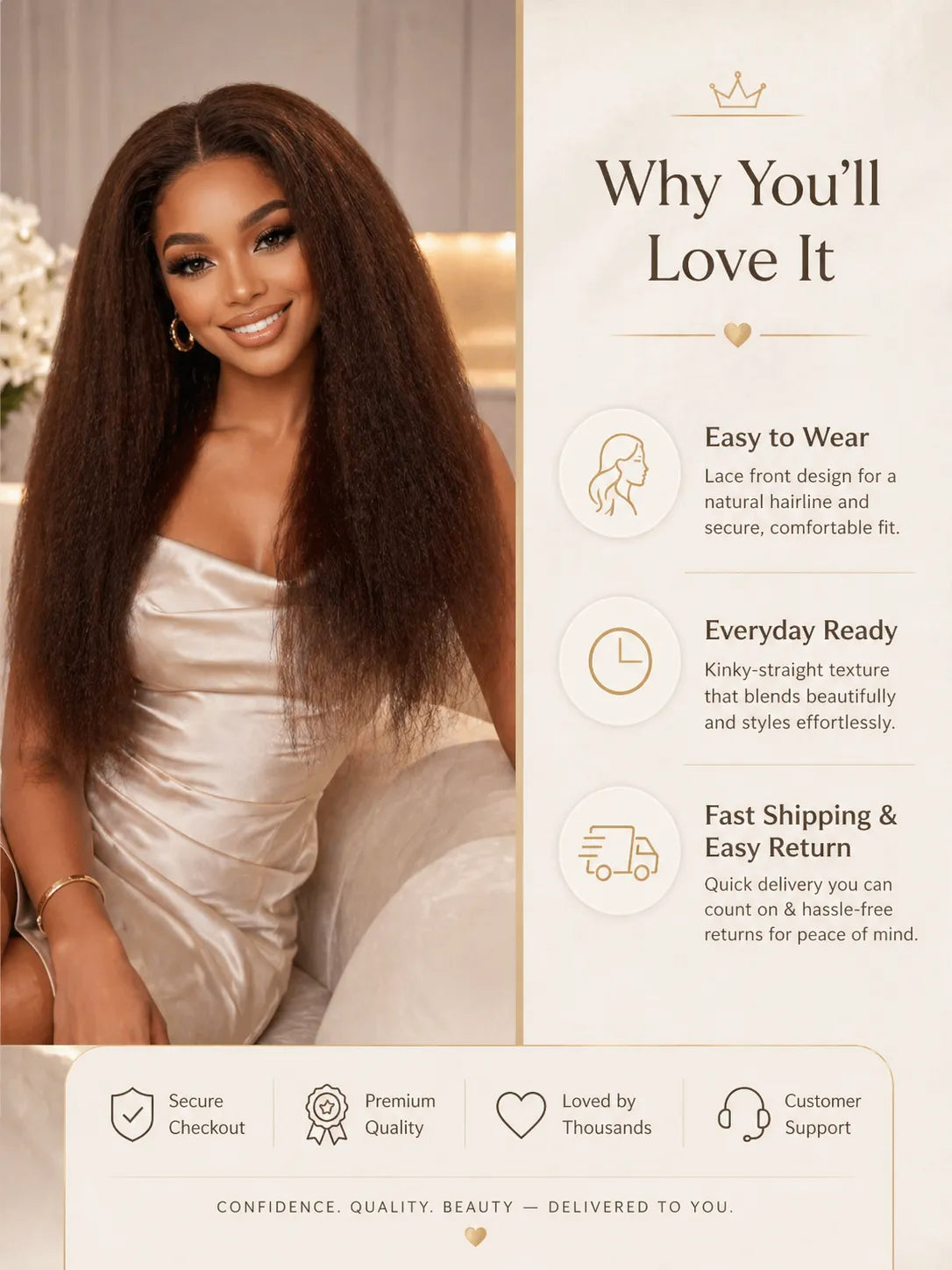 Product detail view of brown kinky straight human hair wig with soft texture and natural finish