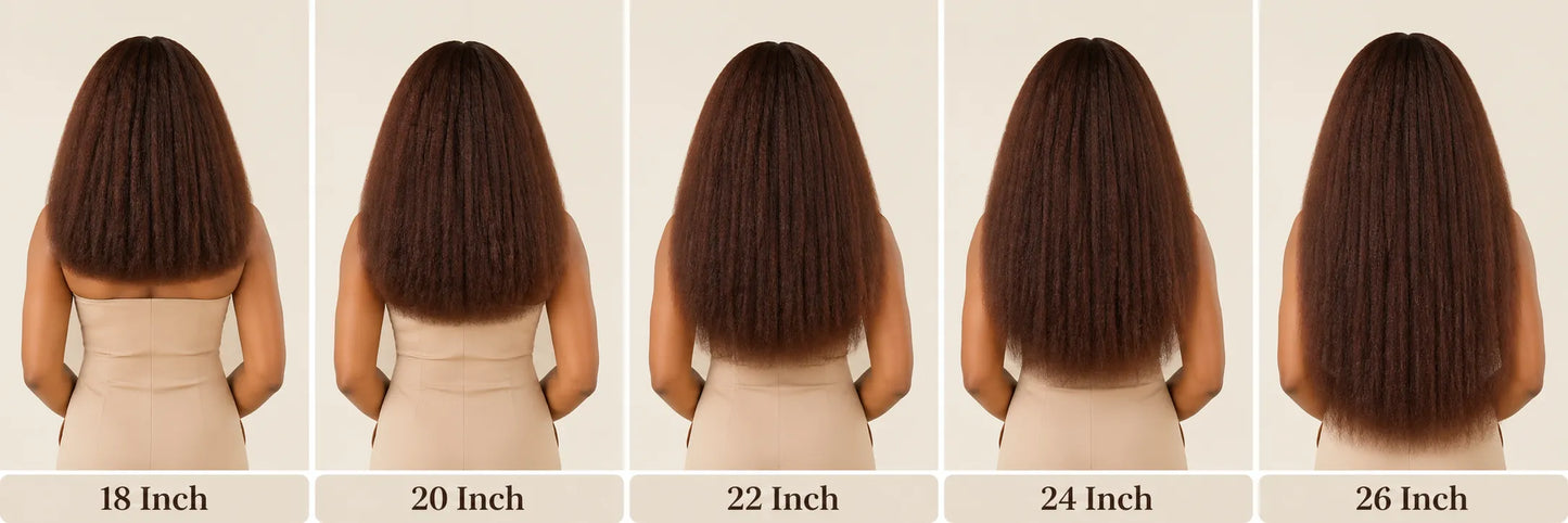 Product detail view of brown kinky straight human hair wig with soft texture and natural finish
