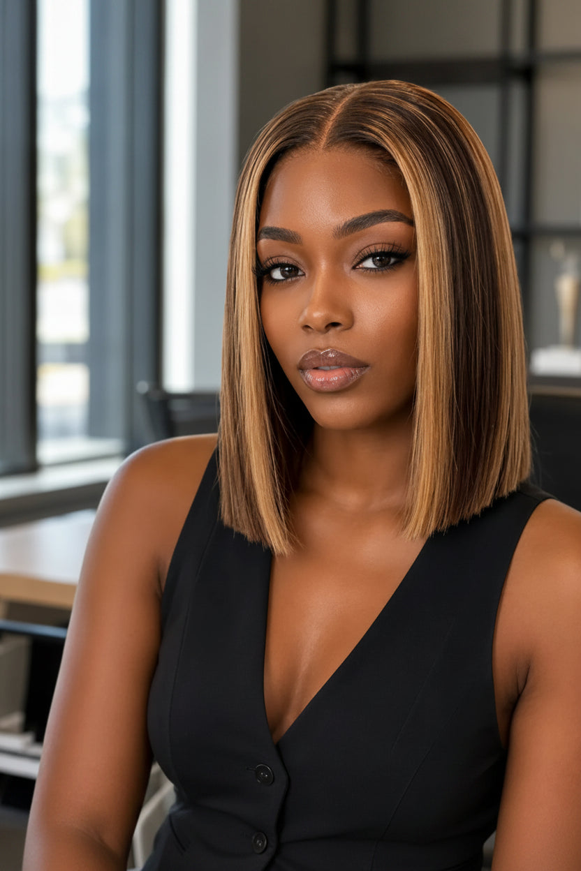Front view of blonde straight human hair wig on model with soft texture and natural finish