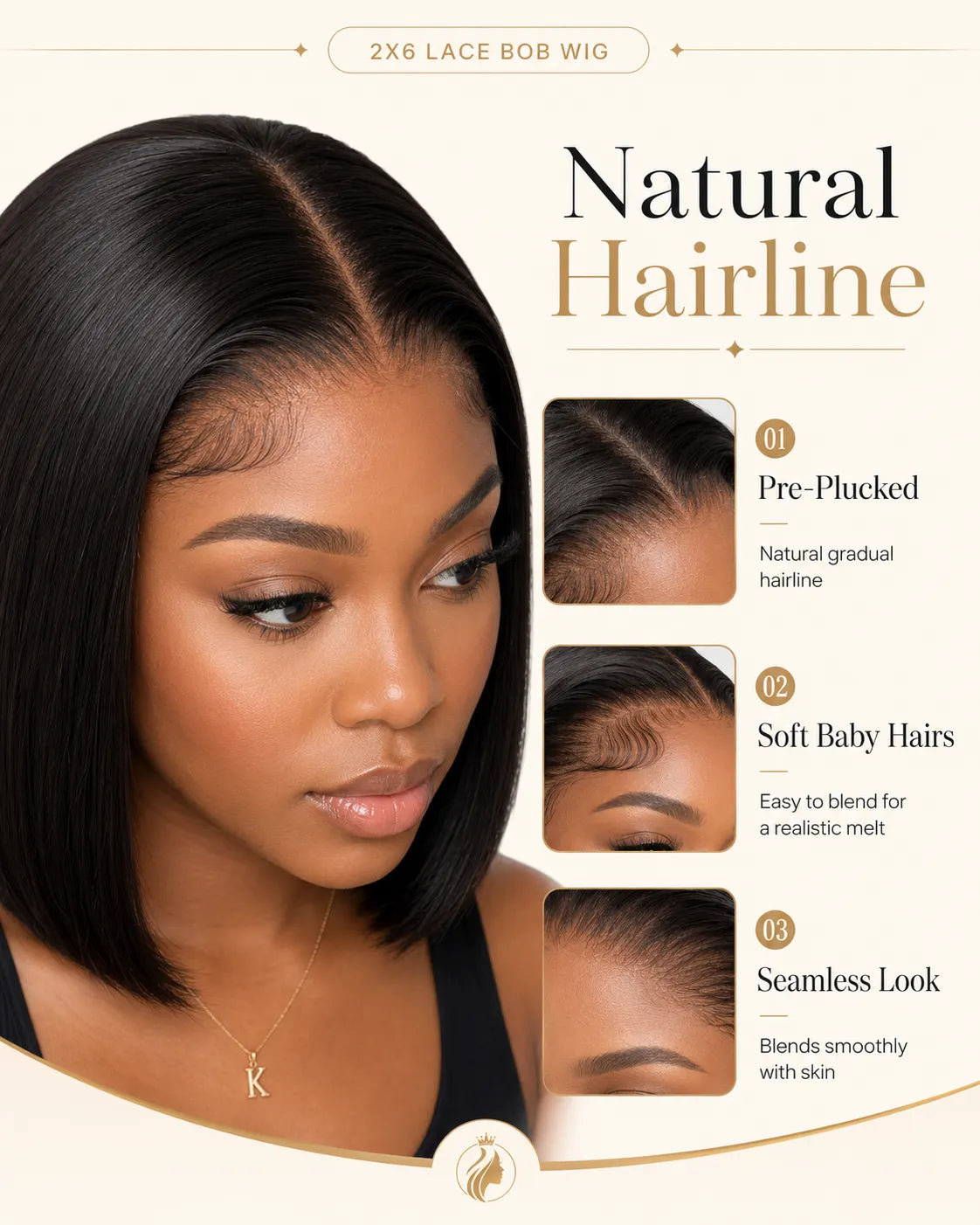 Detail view of lace front and natural hairline with soft texture and natural finish