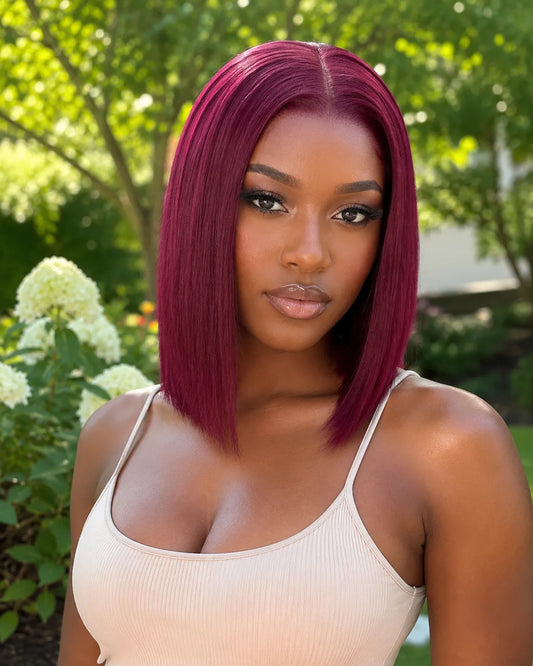 Front view of straight human hair wig on model with soft texture and natural finish