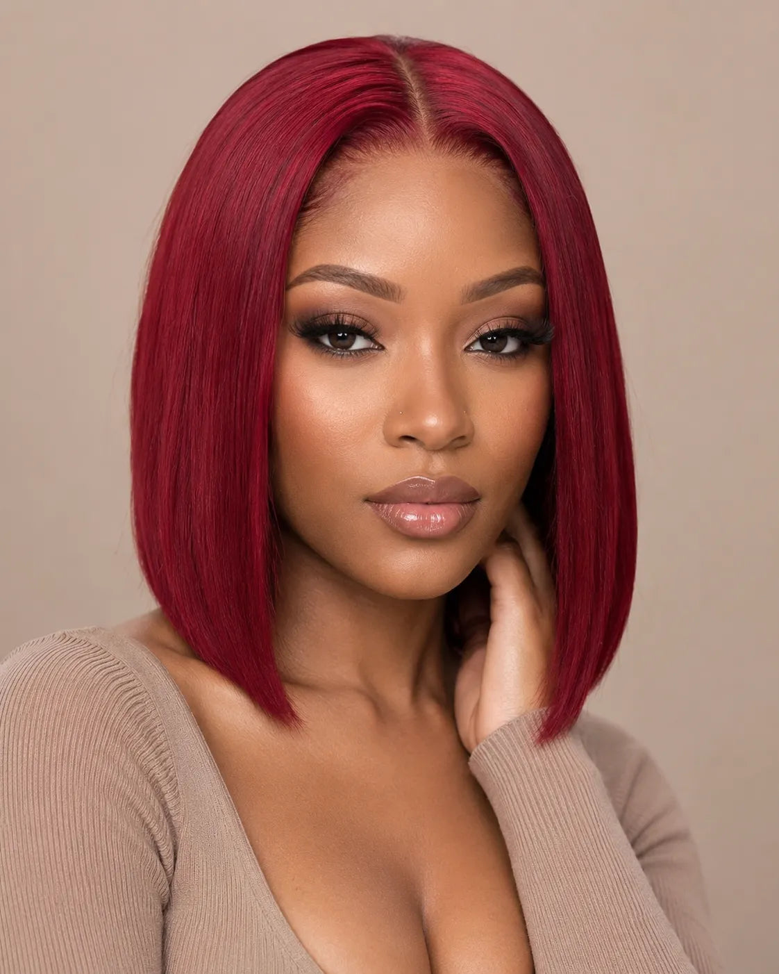 Close-up view of straight human hair wig texture and lace detail with soft texture and natural finish
