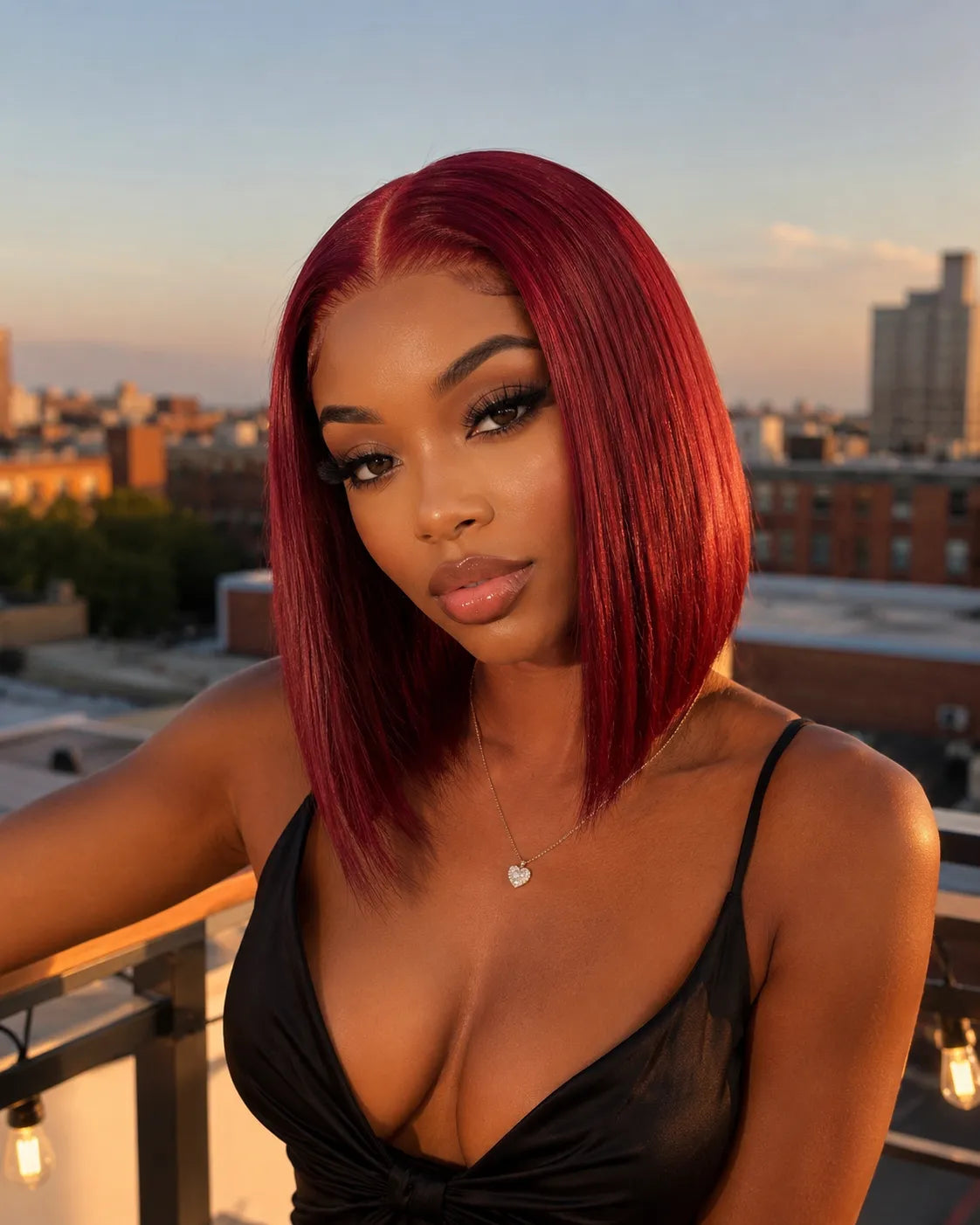 Front view of human hair wig on model with soft texture and natural finish