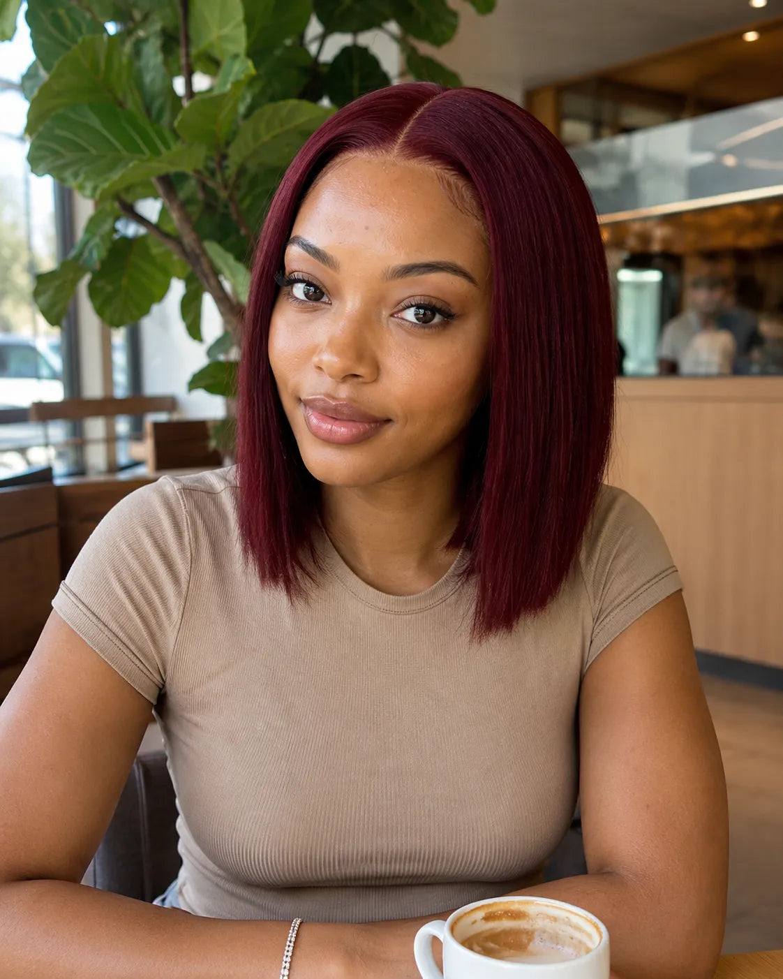Front view of straight human hair wig on model with soft texture and natural finish