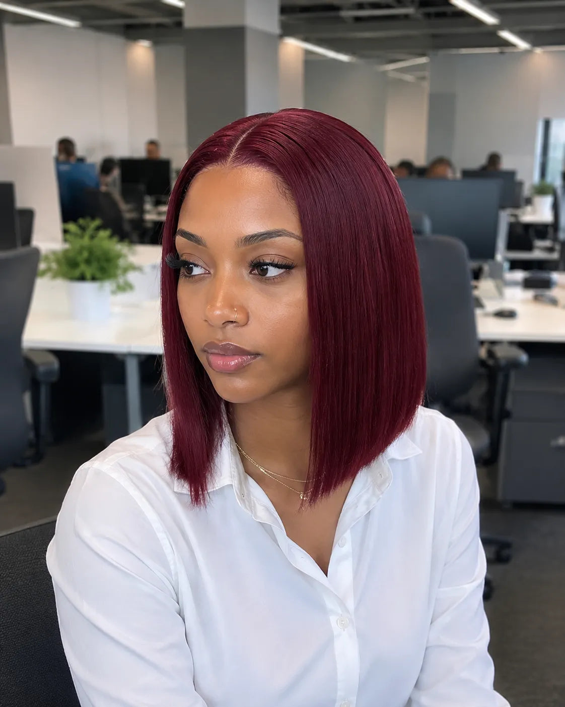 Front view of burgundy straight human hair wig on model with soft texture and natural finish