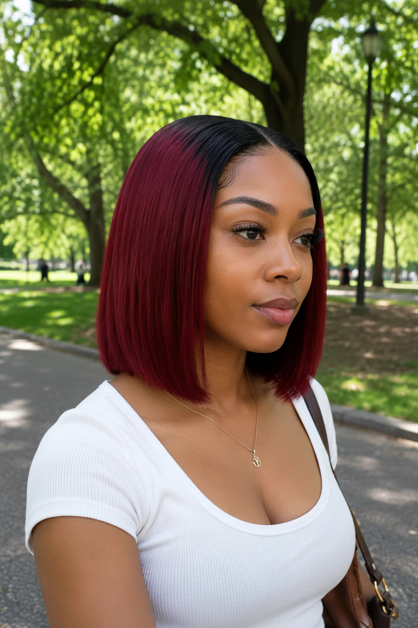 Front view of human hair wig on model with soft texture and natural finish