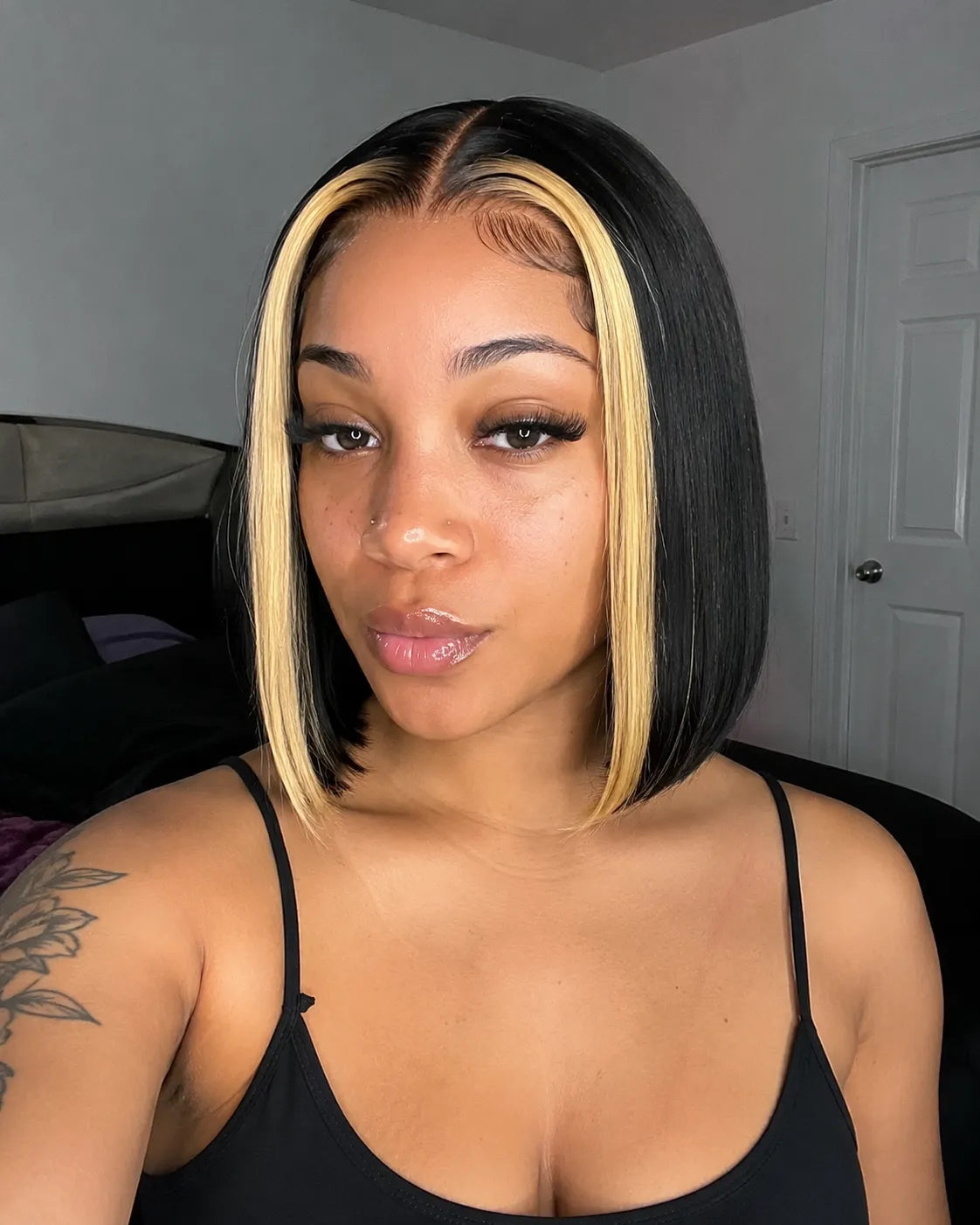 Side view of highlight straight lace wig showing natural hairline with soft texture and natural finish
