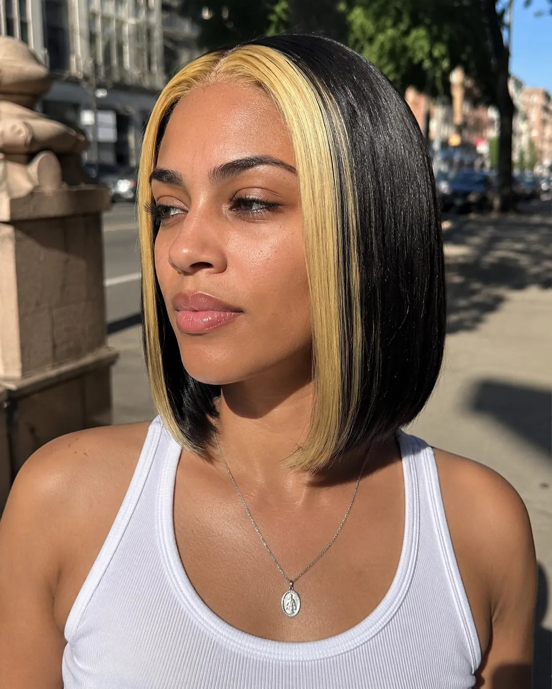 Back view of highlight straight human hair wig with natural volume with soft texture and natural finish
