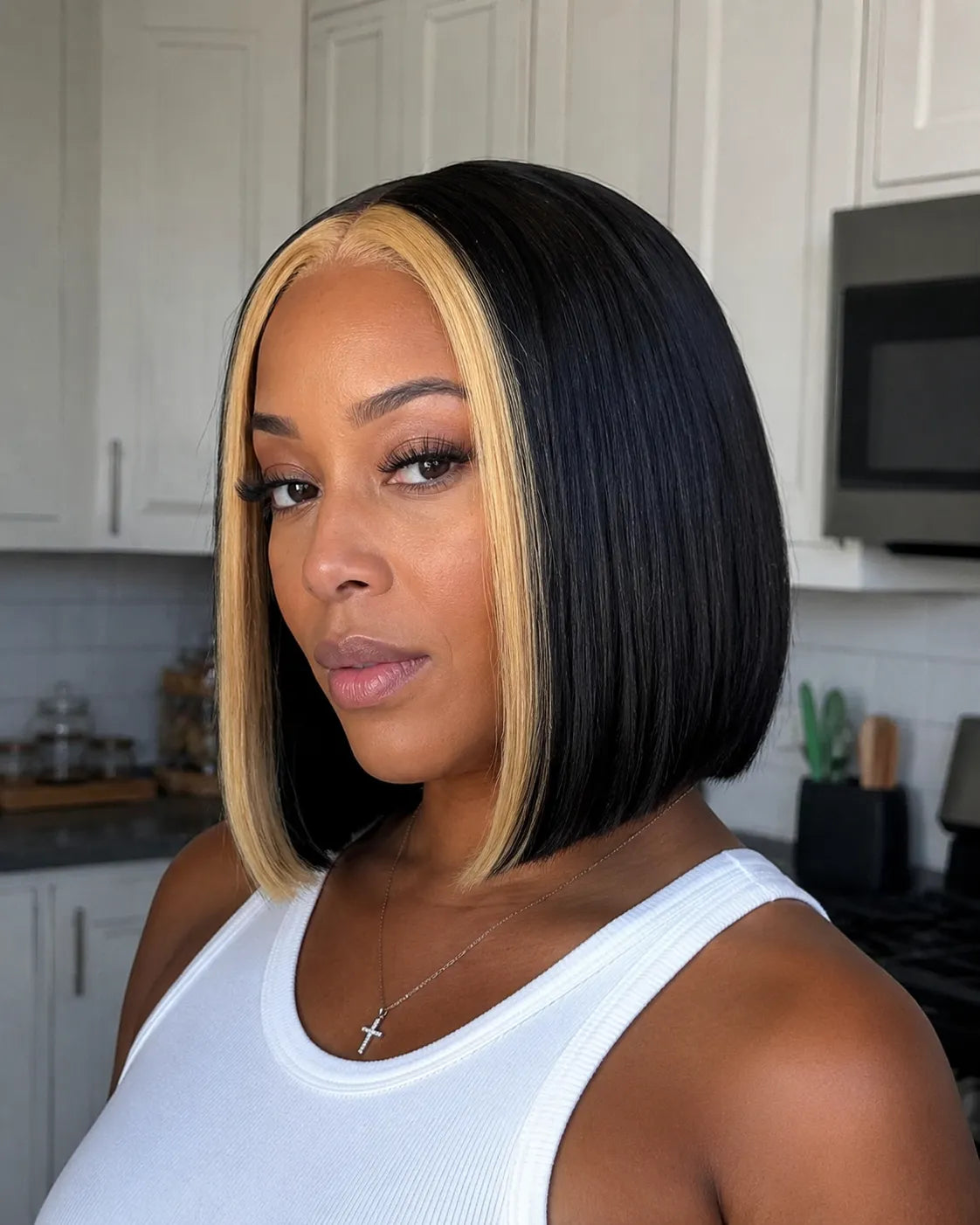 Detail view of realistic lace parting and natural hairline with soft texture and natural finish