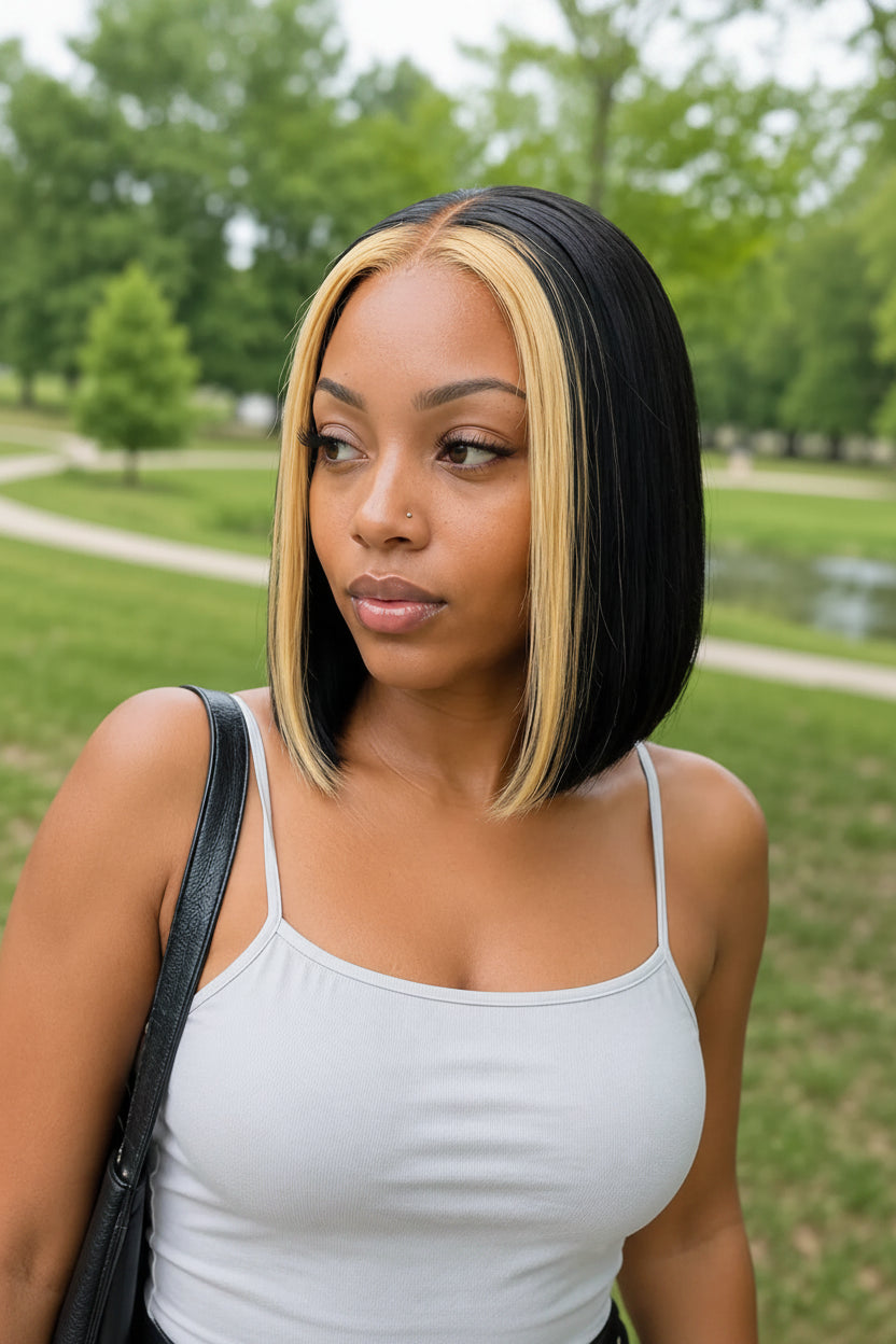 Woman with a black and blonde bob haircut standing outdoors in a park.