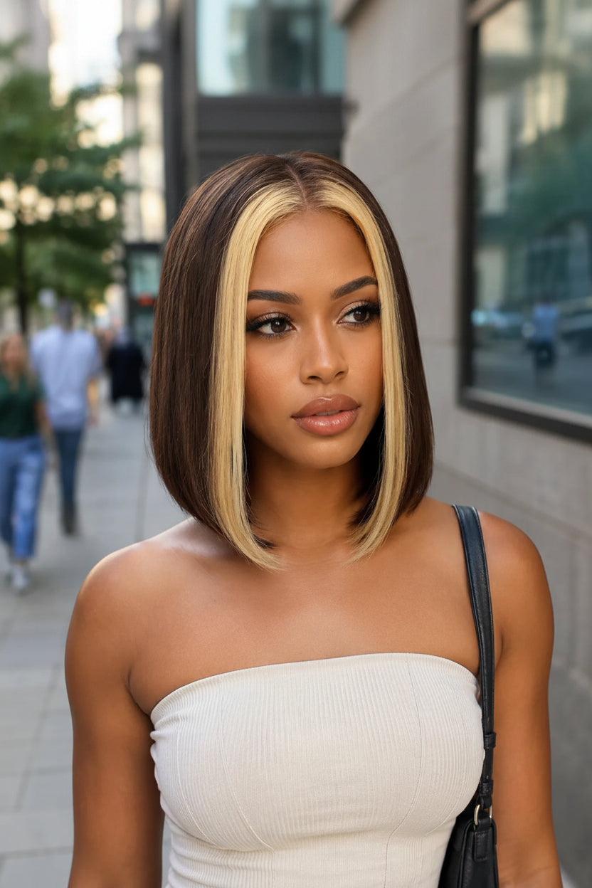 Front view of highlight human hair wig on model with soft texture and natural finish