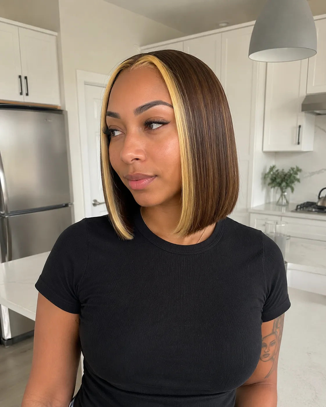 Side view of highlight human hair wig showing natural hairline with soft texture and natural finish