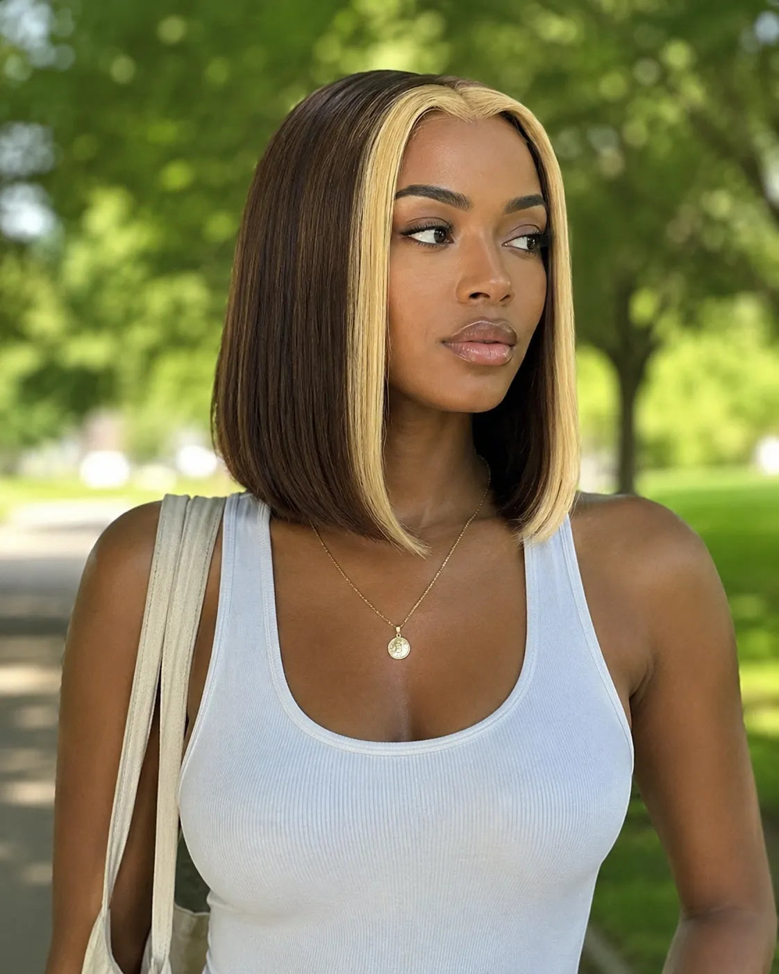 Back view of highlight human hair wig with natural volume with soft texture and natural finish