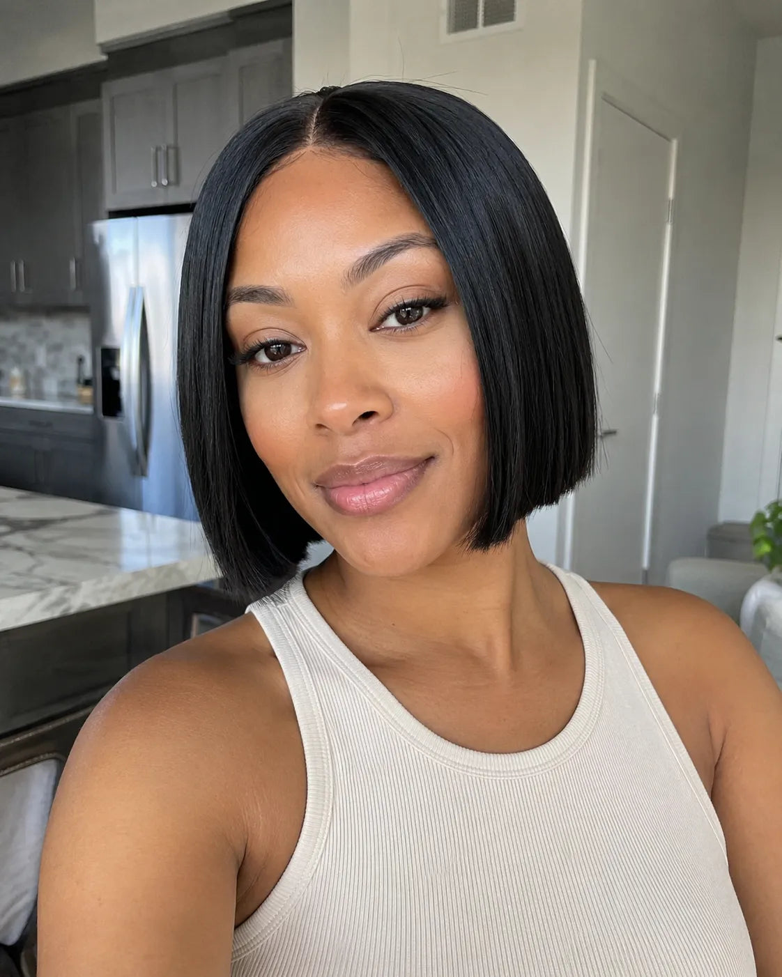 Detail view of realistic lace parting and natural hairline with soft texture and natural finish