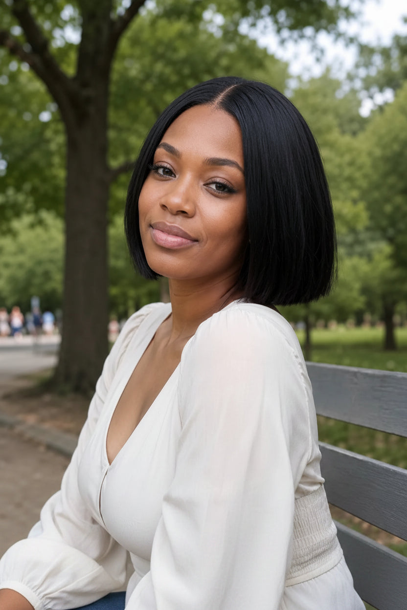 Front view of natural black straight human hair wig on model with soft texture and natural finish