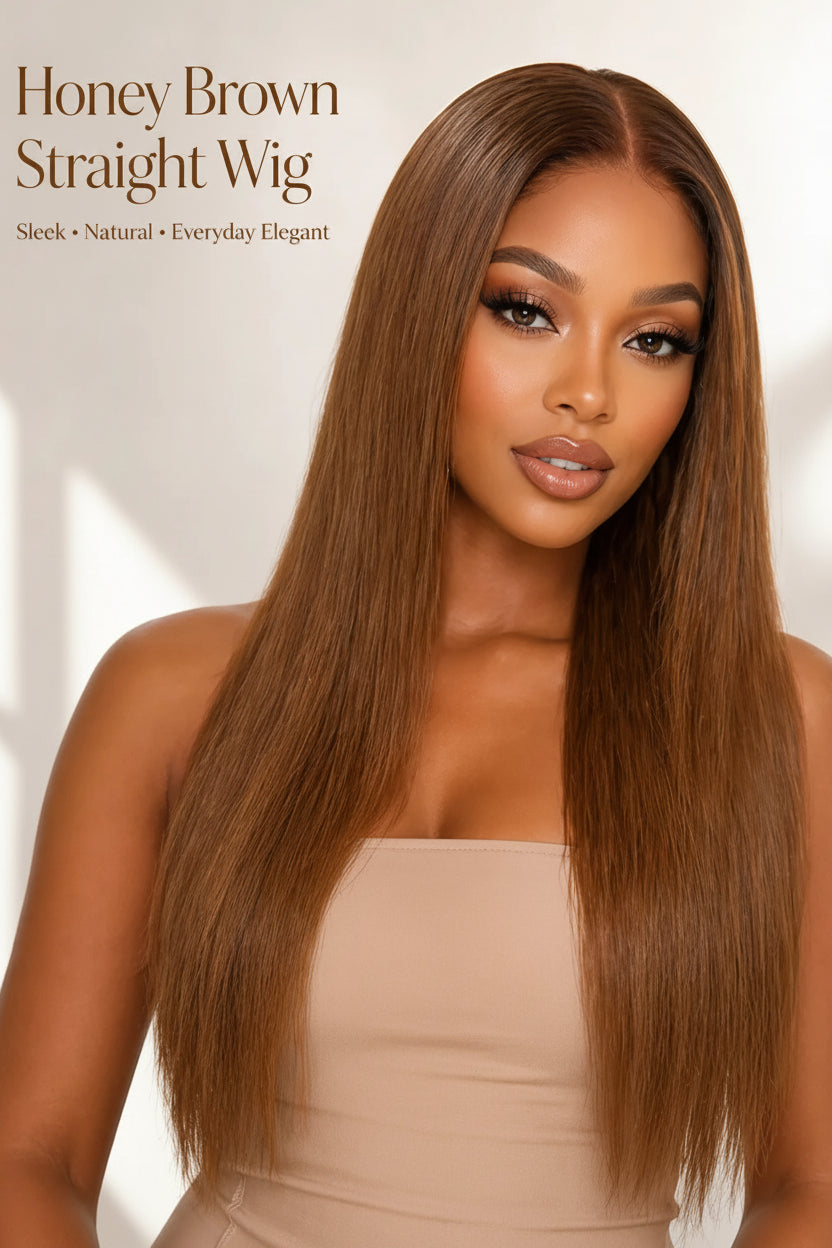 Woman wearing a honey brown straight wig with text describing the wig's features.