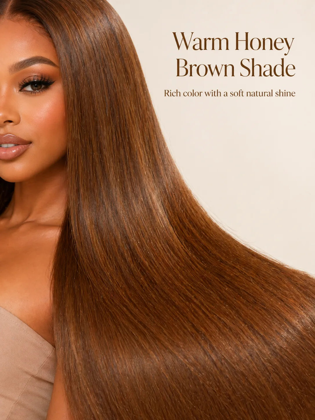 Back view of brown straight human hair wig with natural volume with soft texture and natural finish