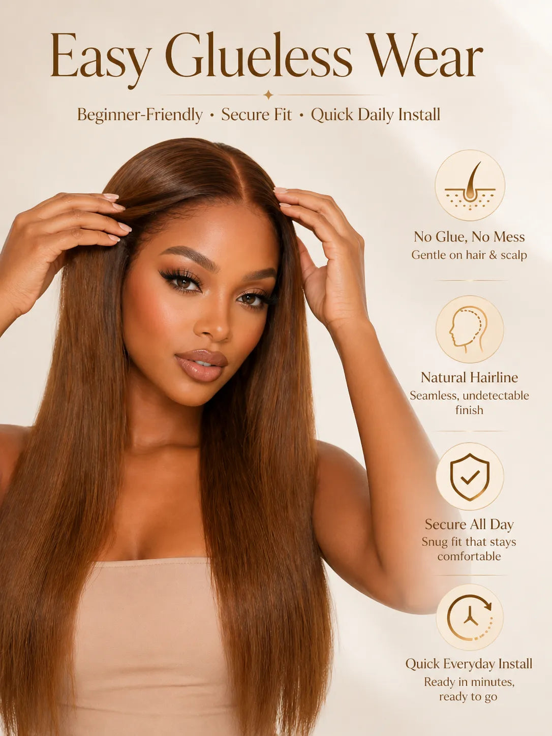 Lifestyle view of model wearing brown straight glueless human hair wig